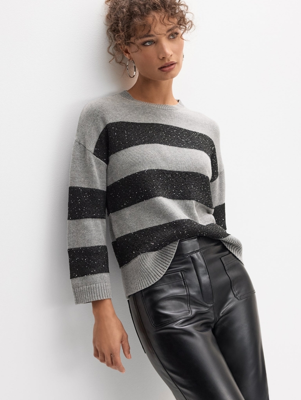Melanie Lyne Sequin Embellished Bland And Gray Striped Sweater
